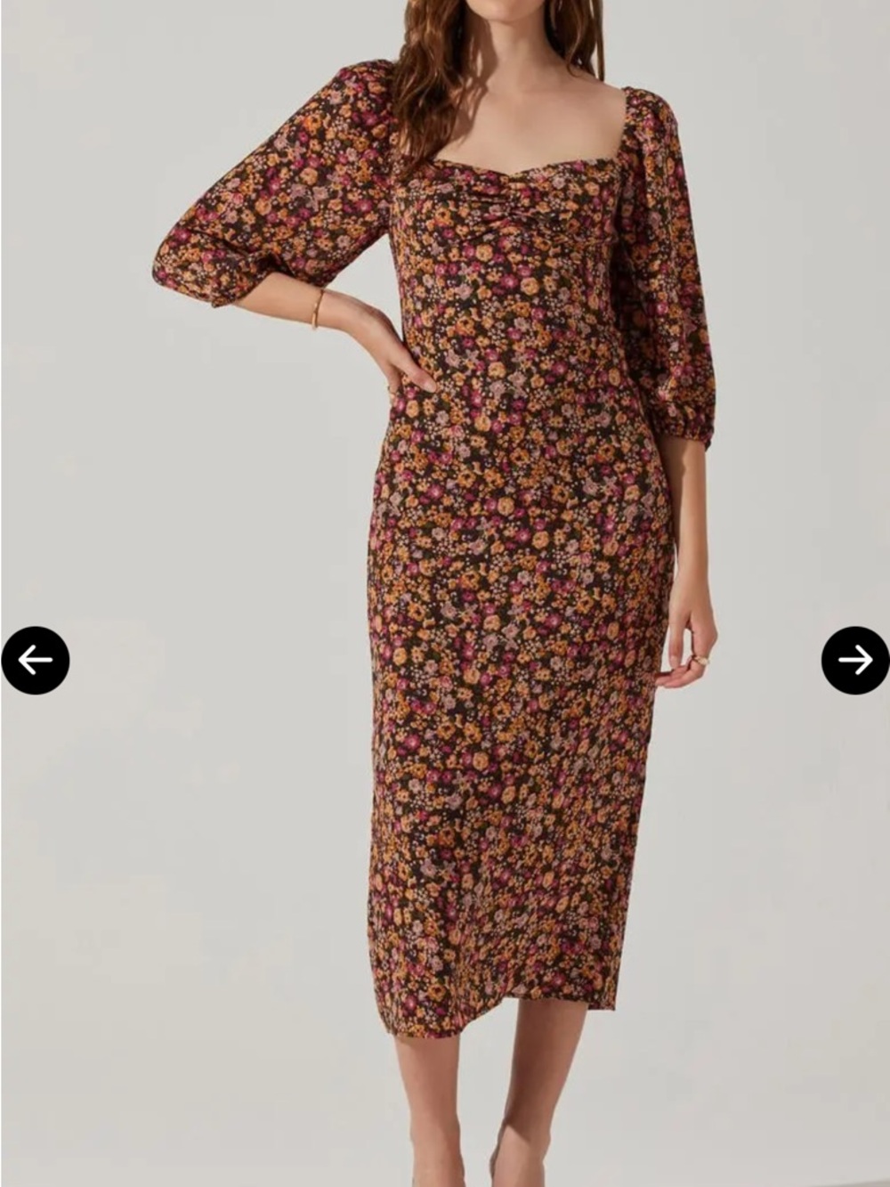 ASTR Sweetheart Neck Floral Midi Dress in Pink Orange Ditsy - Small